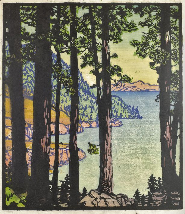 Woodblock print by Frances Gearhart, depicting woods and the California coastline.